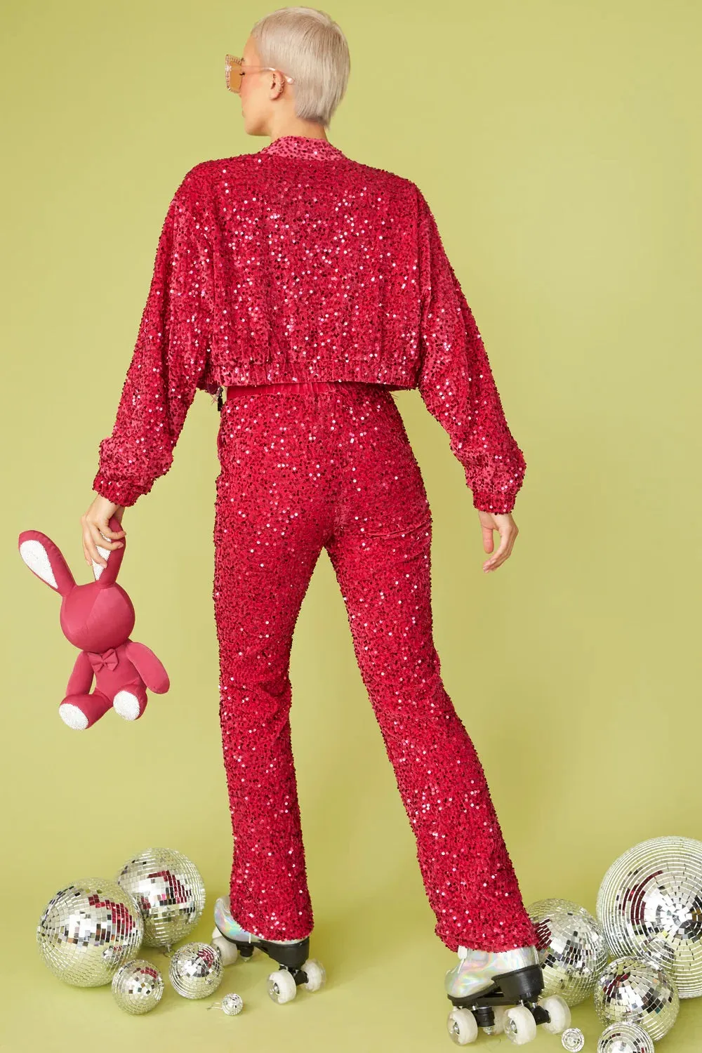 Pink Sequin Flared Trousers