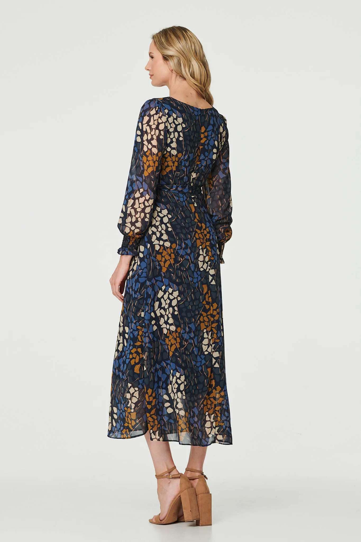 Printed Long Puff Sleeve Midi Dress