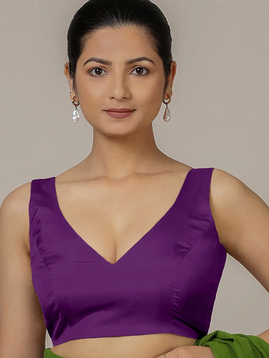 Raisa x Rozaana | Purple Sleeveless FlexiFit™ Saree Blouse with Simple V Neckline and Back Cut-out with Tie-Up