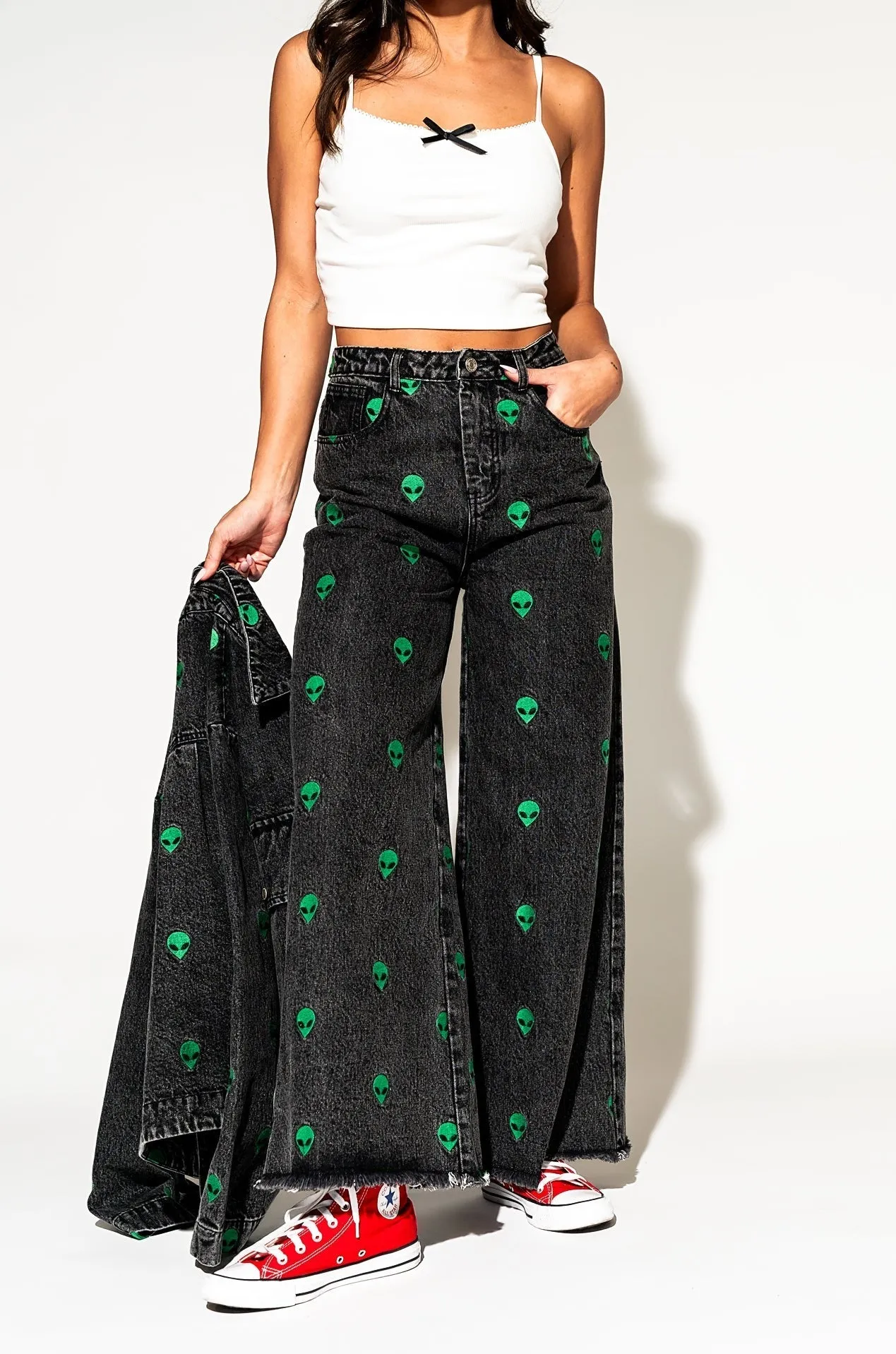 Rare Embroidered Alien Wide Leg Denim