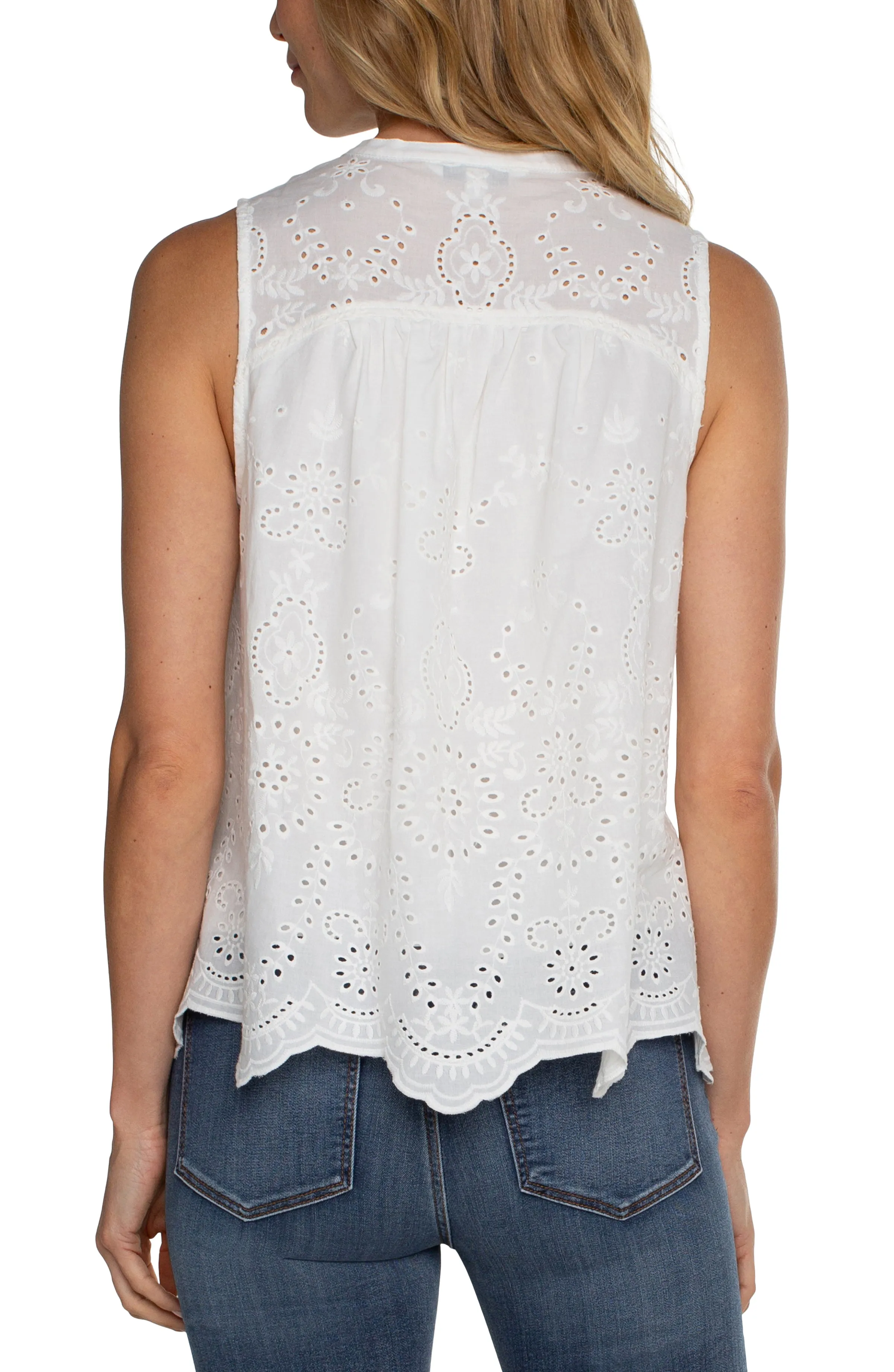 SLEEVELESS WOVEN EYELET TOP