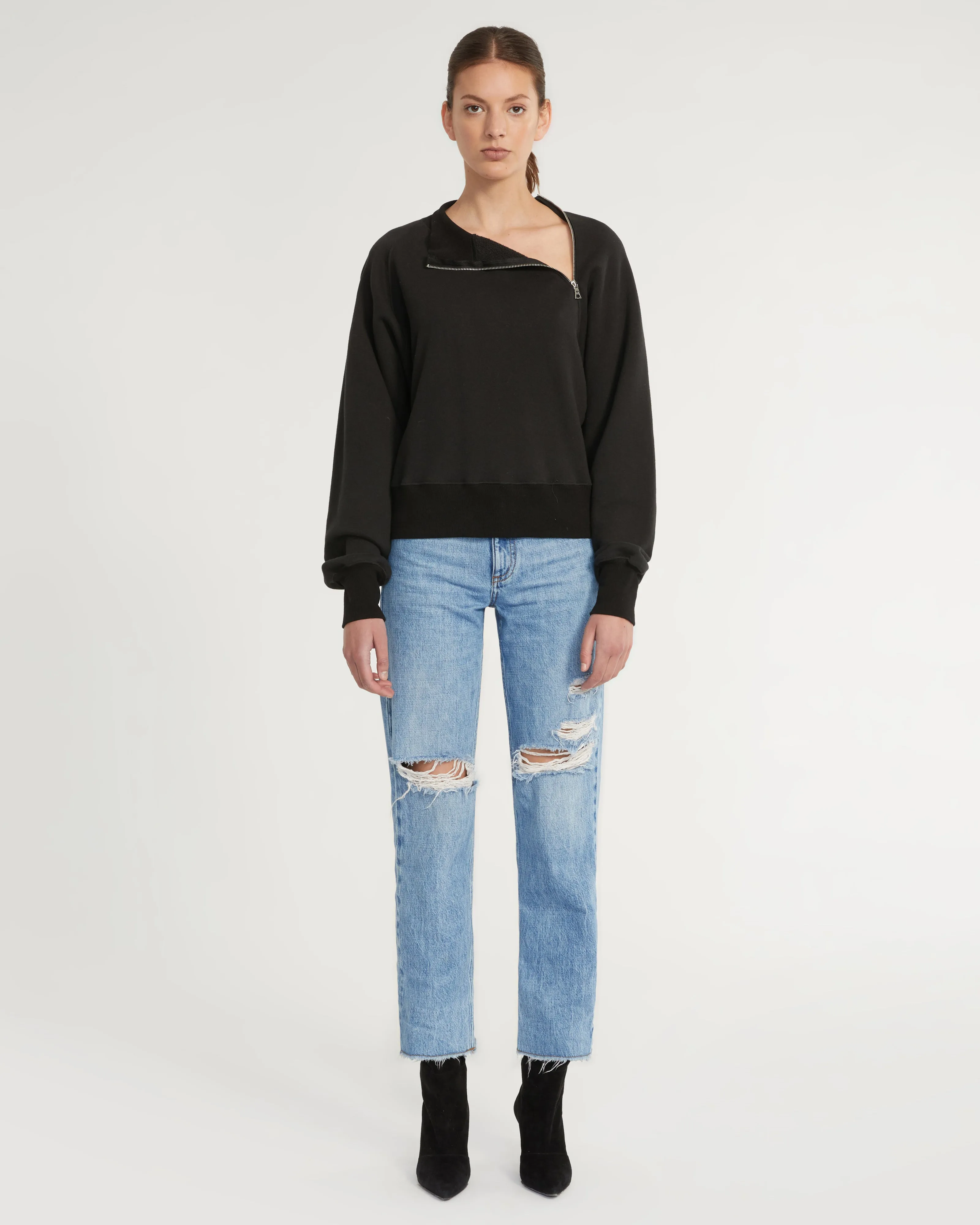 So Uptight French Terry Funnel Neck Zip Sweatshirt in Black