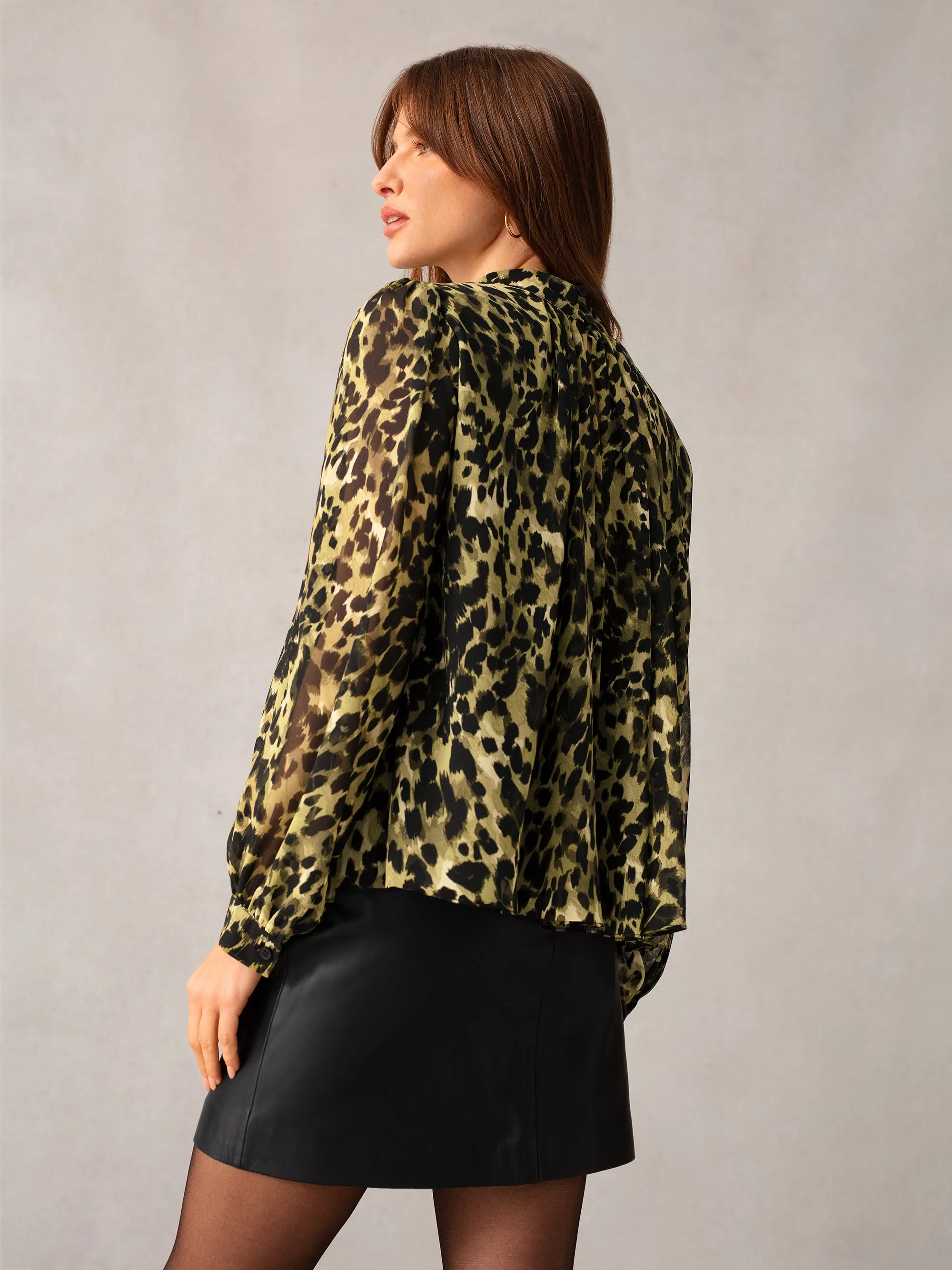 Soft Leopard Button Cuff Blouse