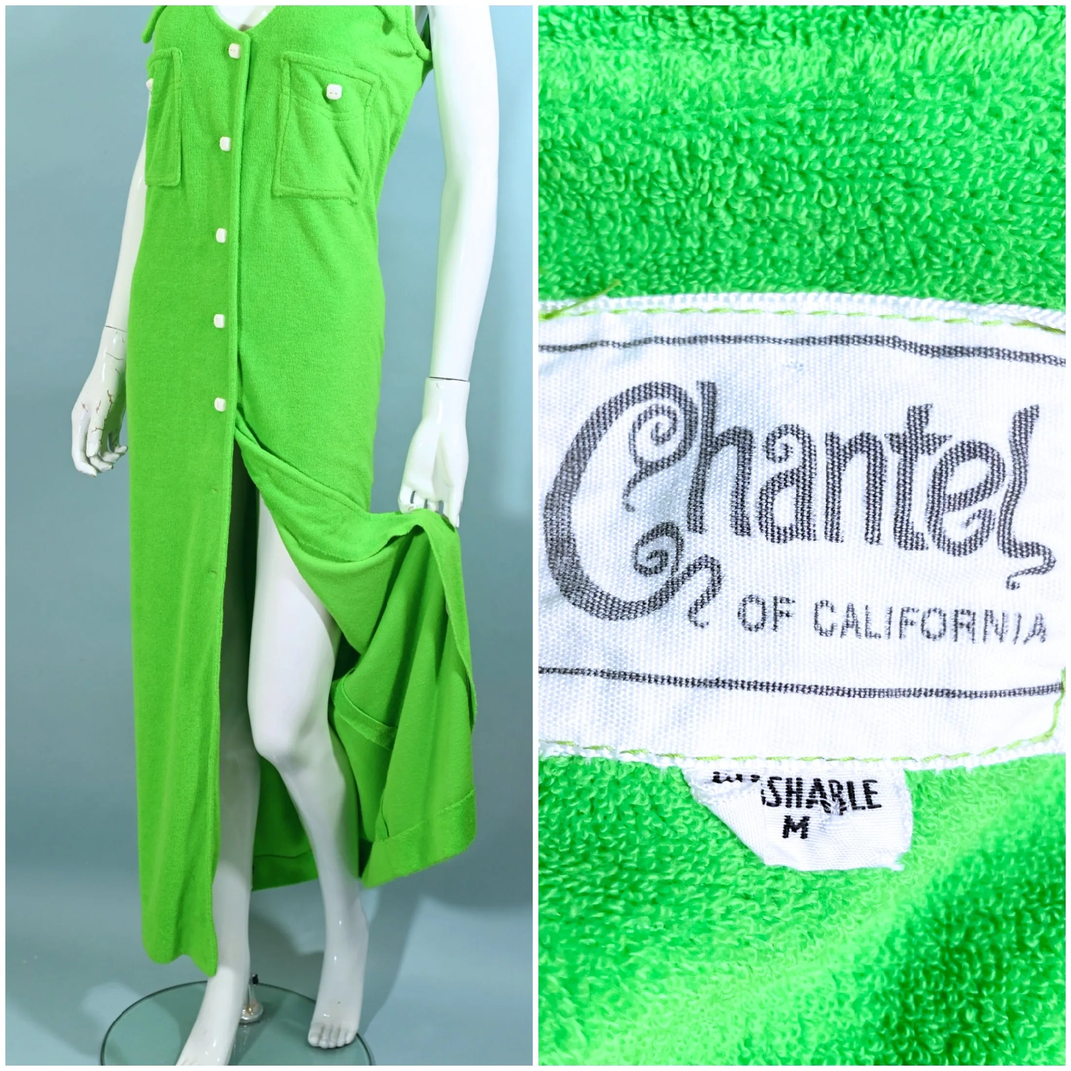 SOLD Vintage 70s Lime Green Terry Cloth Coverup, Chantel of Calif M