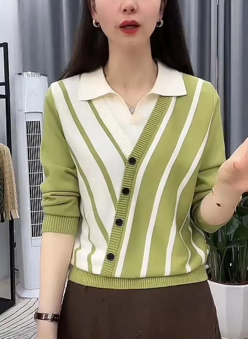 Spring Autumn Fake Two Piece Striped Thin Knitted Sweaters Long Sleeve Polo Neck Loose Office Tops Vintage Fashion Women Clothes