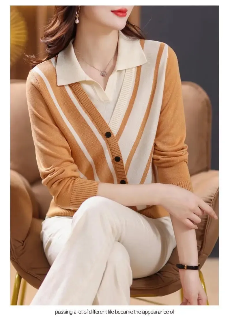 Spring Autumn Fake Two Piece Striped Thin Knitted Sweaters Long Sleeve Polo Neck Loose Office Tops Vintage Fashion Women Clothes