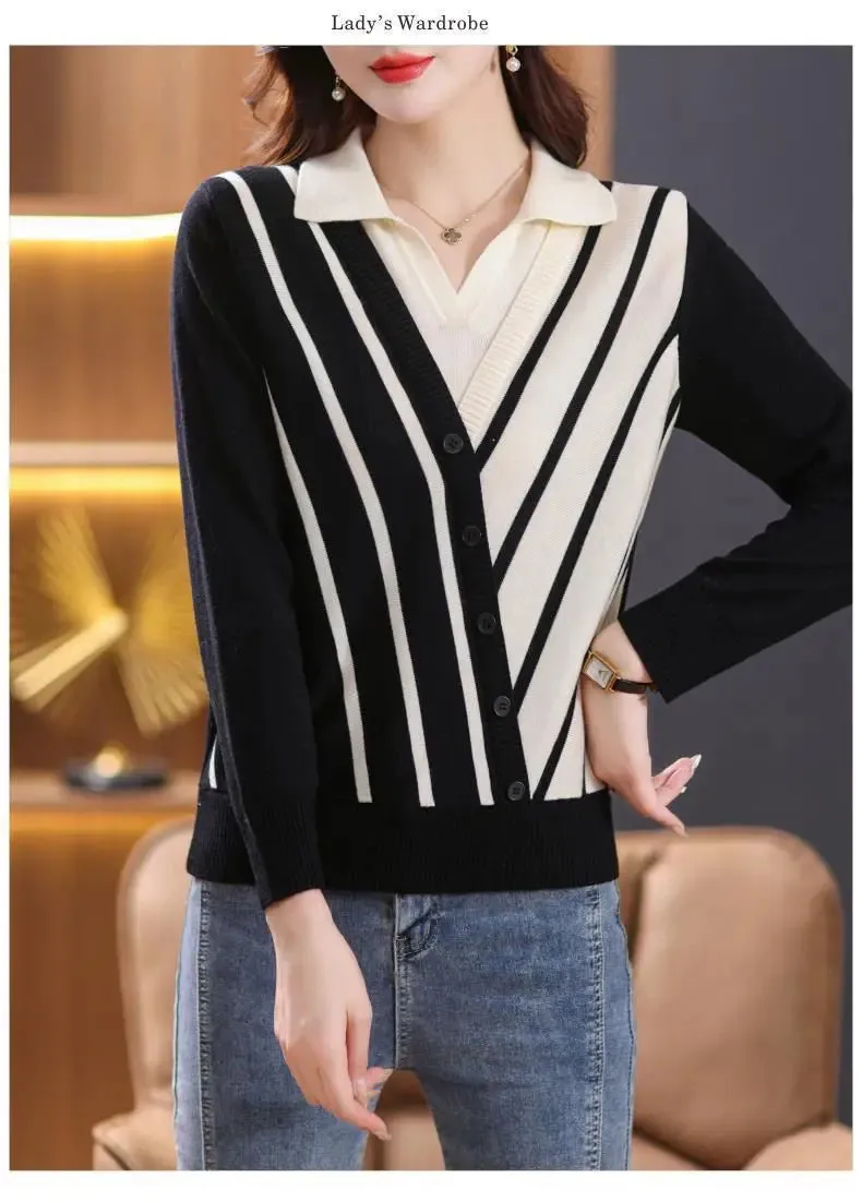 Spring Autumn Fake Two Piece Striped Thin Knitted Sweaters Long Sleeve Polo Neck Loose Office Tops Vintage Fashion Women Clothes