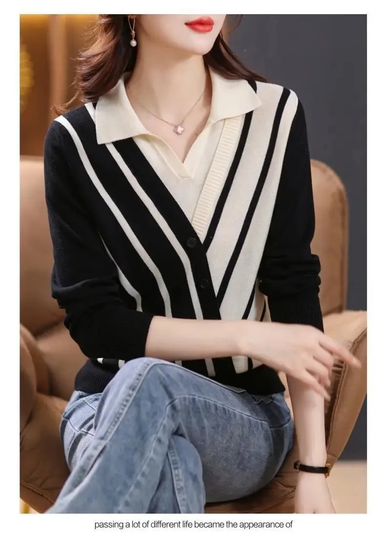 Spring Autumn Fake Two Piece Striped Thin Knitted Sweaters Long Sleeve Polo Neck Loose Office Tops Vintage Fashion Women Clothes