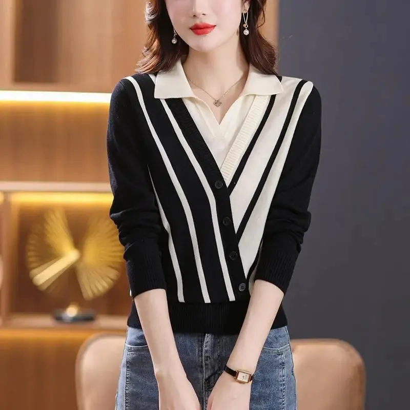 Spring Autumn Fake Two Piece Striped Thin Knitted Sweaters Long Sleeve Polo Neck Loose Office Tops Vintage Fashion Women Clothes