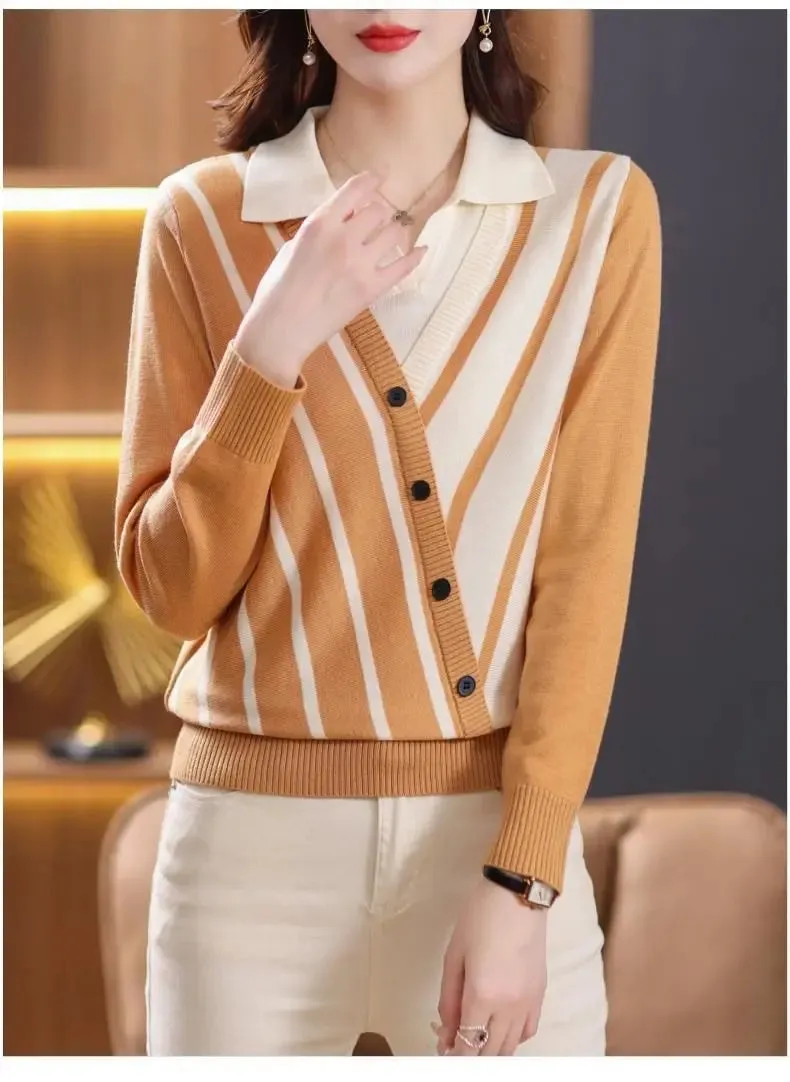 Spring Autumn Fake Two Piece Striped Thin Knitted Sweaters Long Sleeve Polo Neck Loose Office Tops Vintage Fashion Women Clothes