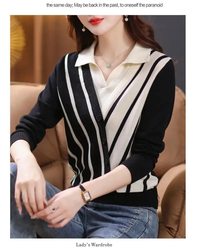 Spring Autumn Fake Two Piece Striped Thin Knitted Sweaters Long Sleeve Polo Neck Loose Office Tops Vintage Fashion Women Clothes