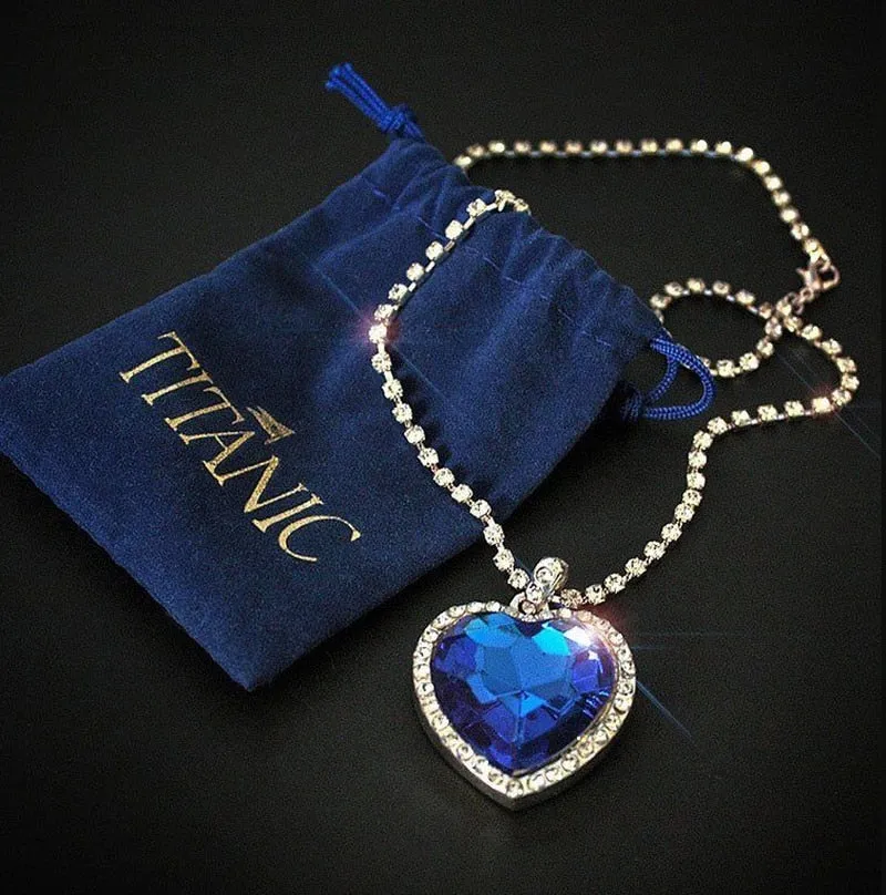 Titanic Heart of the Ocean Necklaces for Women Peach Heart Blue Crystal Zircon Bracelets and Necklaces Jewelry Sets with Velvet Bags