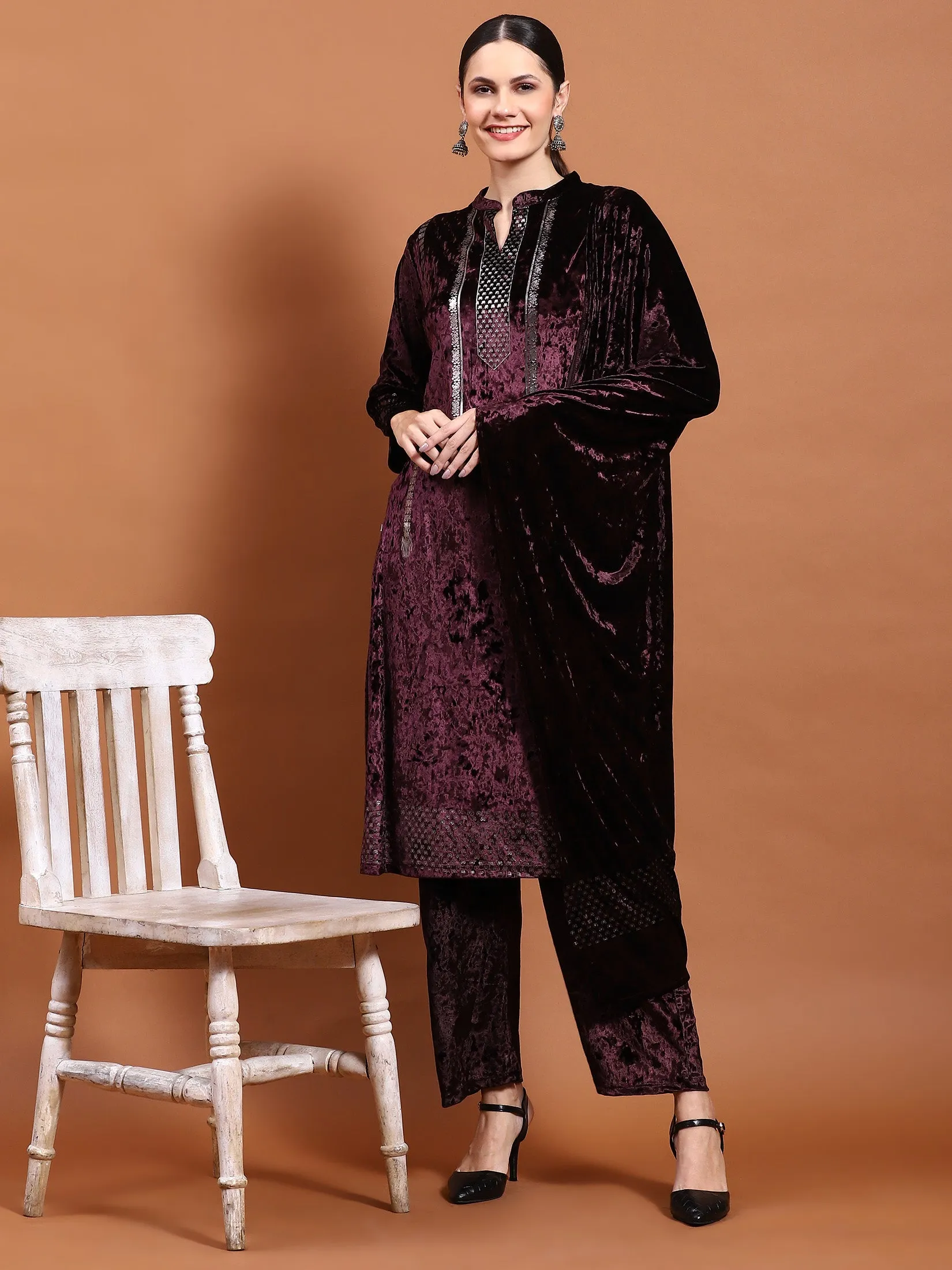 Winter Women Burgundy Velvet Kurta Bottom Dupatta