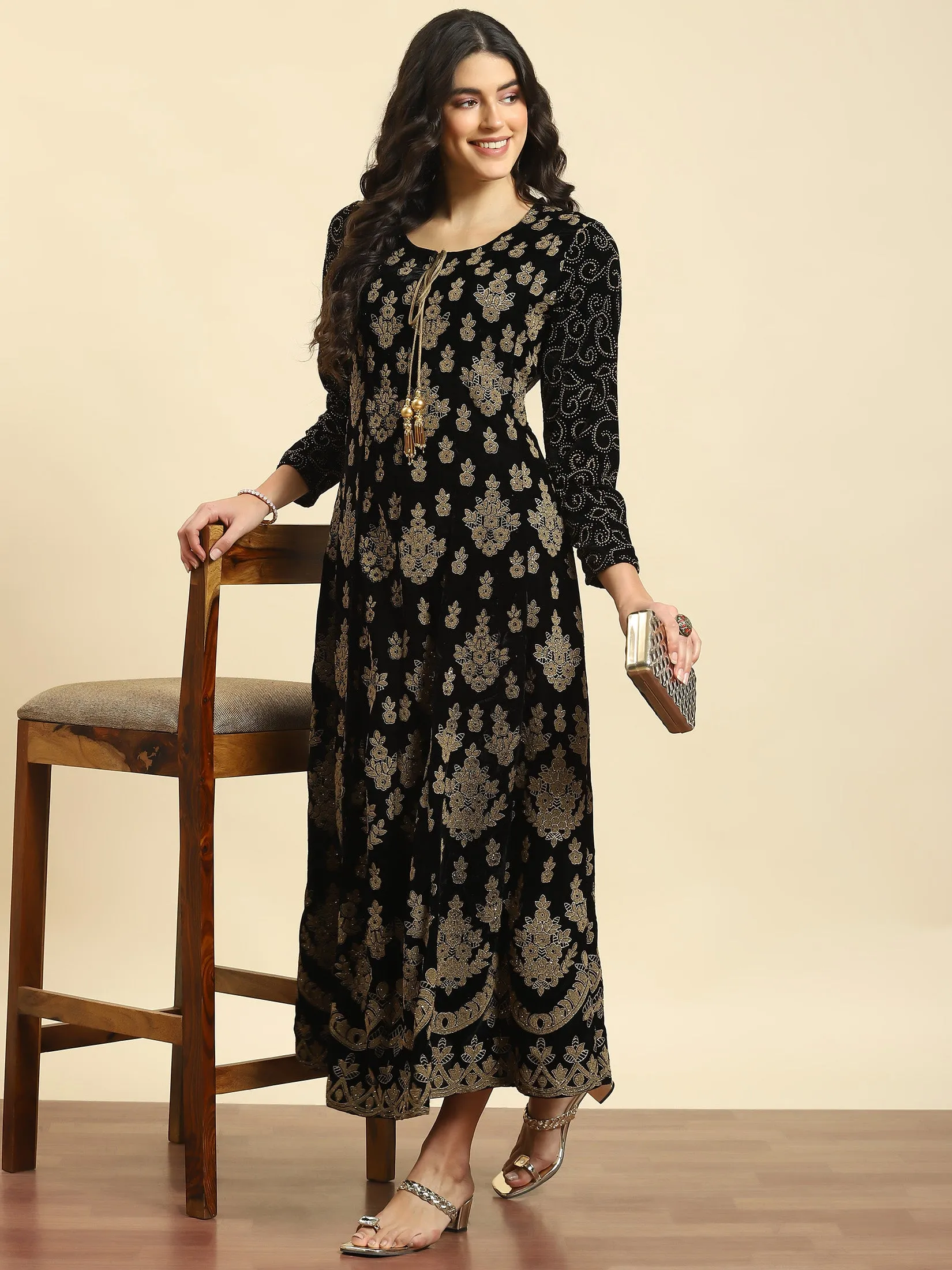 Women Black Ornamental Print Dress