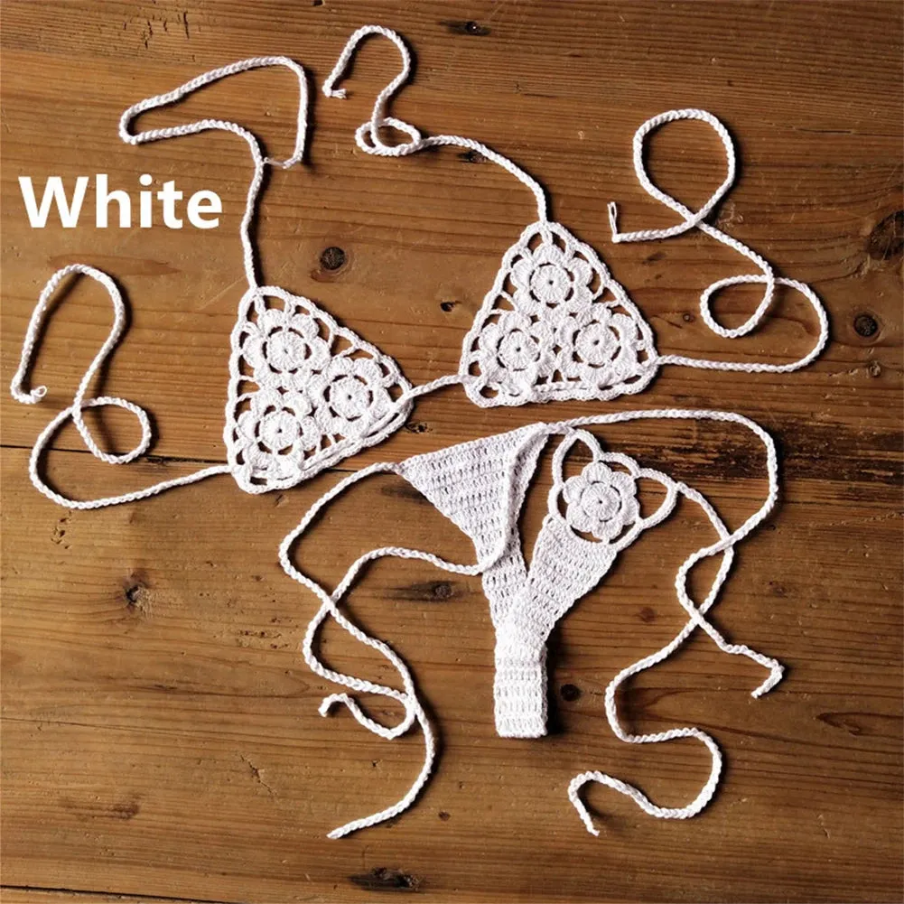 Women Sexy Handmade Bikini Lingerie Sets Crochet Flower Solid Color Lace Thong G-String Sunbathing Swimsuit Beach Wear Bikini Sets