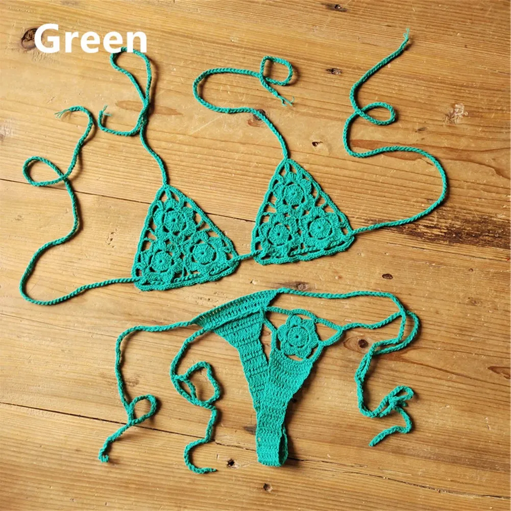 Women Sexy Handmade Bikini Lingerie Sets Crochet Flower Solid Color Lace Thong G-String Sunbathing Swimsuit Beach Wear Bikini Sets