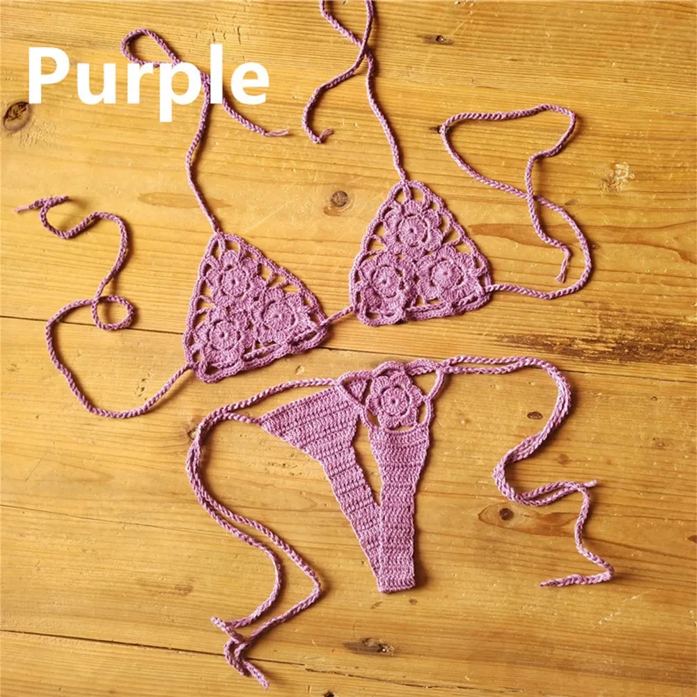 Women Sexy Handmade Bikini Lingerie Sets Crochet Flower Solid Color Lace Thong G-String Sunbathing Swimsuit Beach Wear Bikini Sets