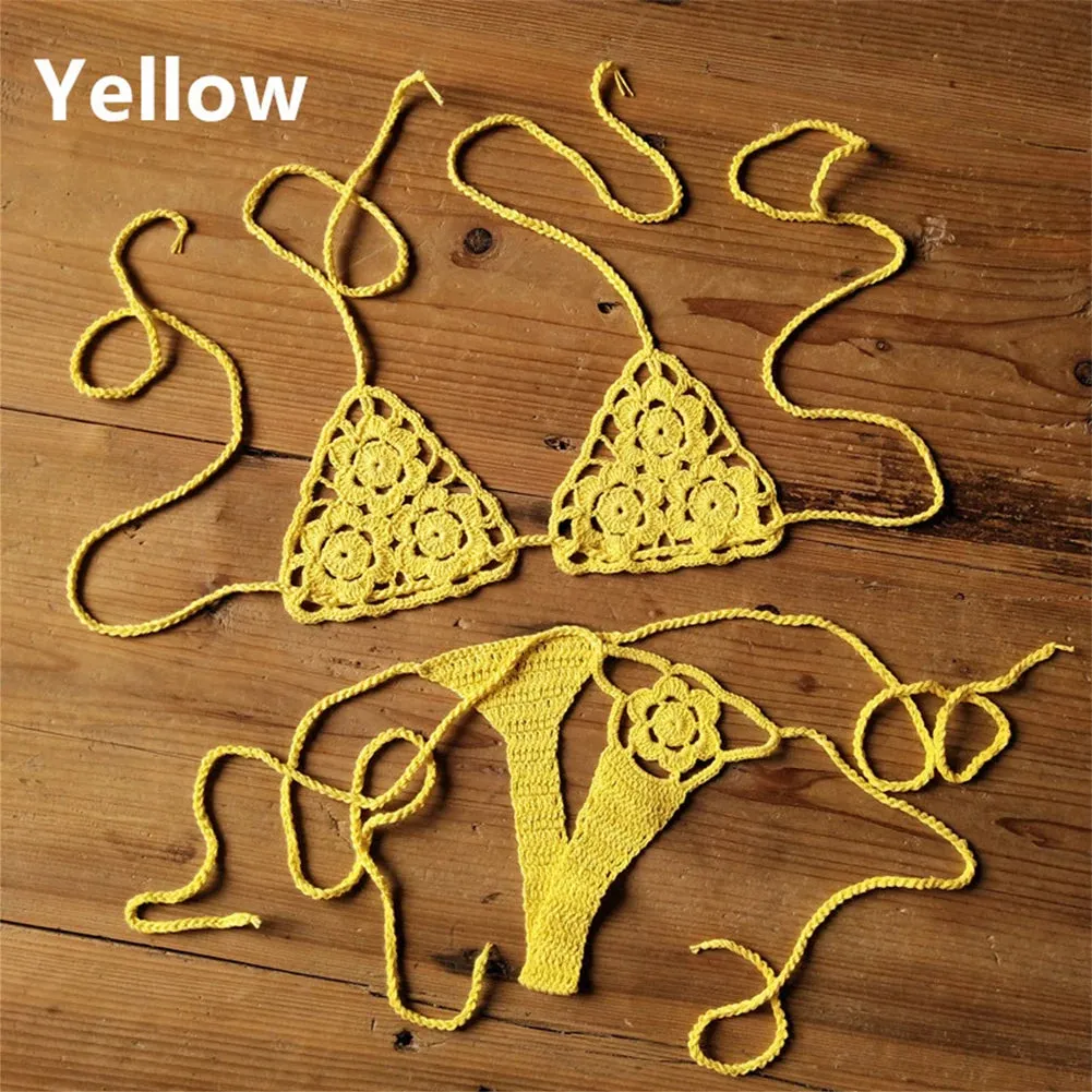 Women Sexy Handmade Bikini Lingerie Sets Crochet Flower Solid Color Lace Thong G-String Sunbathing Swimsuit Beach Wear Bikini Sets