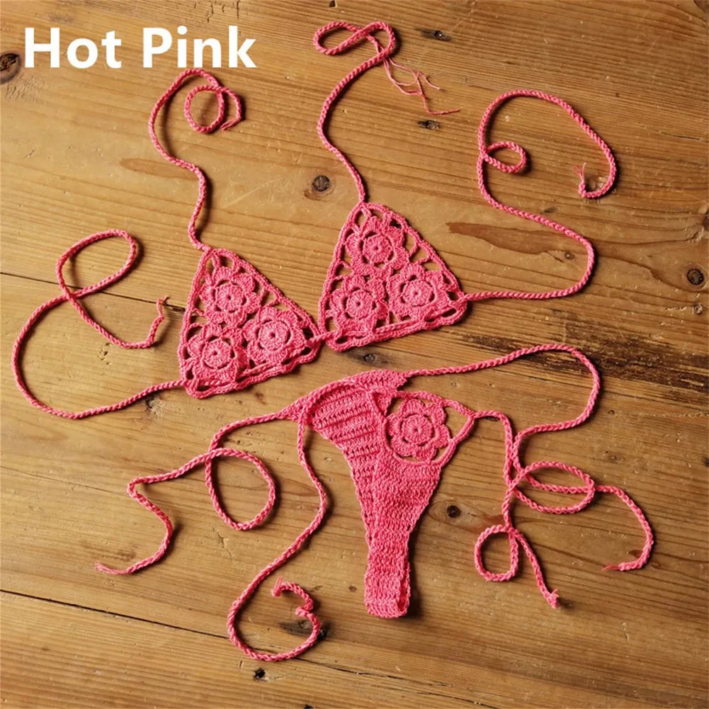 Women Sexy Handmade Bikini Lingerie Sets Crochet Flower Solid Color Lace Thong G-String Sunbathing Swimsuit Beach Wear Bikini Sets