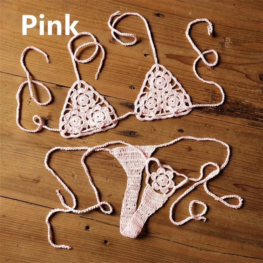 Women Sexy Handmade Bikini Lingerie Sets Crochet Flower Solid Color Lace Thong G-String Sunbathing Swimsuit Beach Wear Bikini Sets