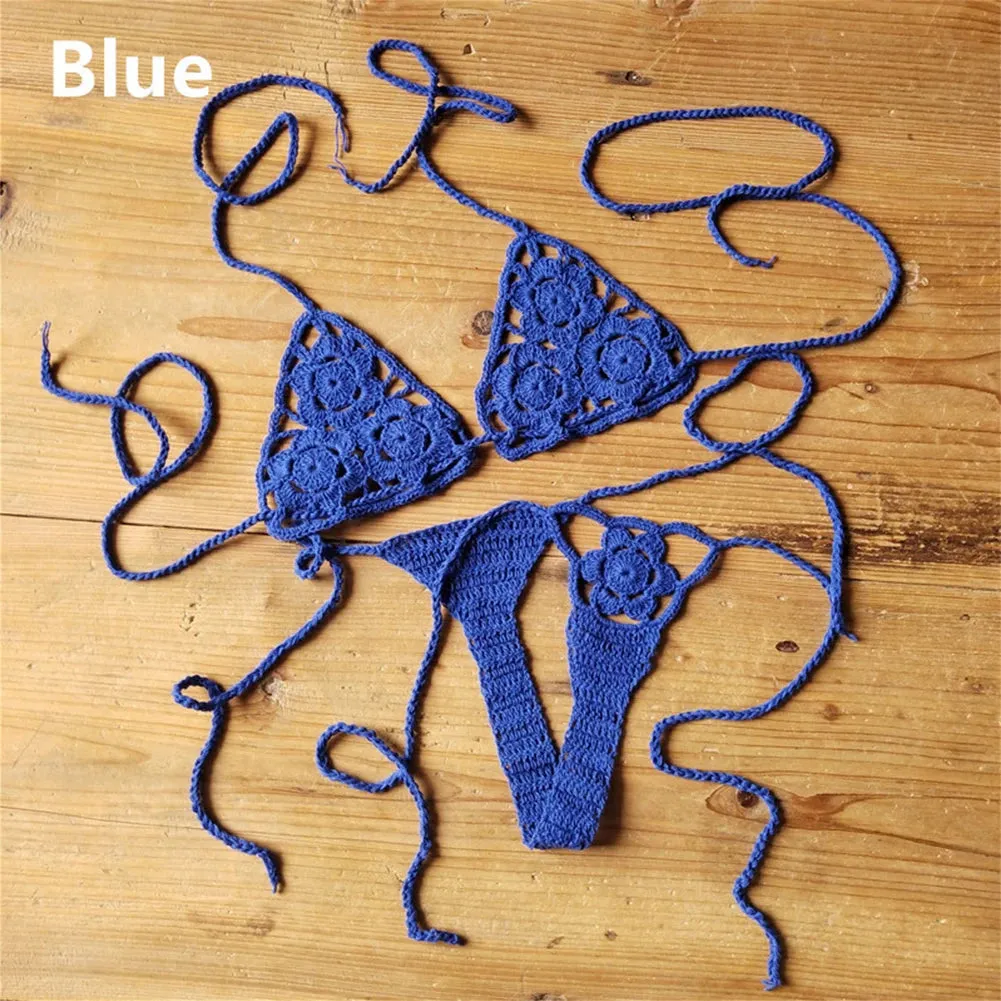 Women Sexy Handmade Bikini Lingerie Sets Crochet Flower Solid Color Lace Thong G-String Sunbathing Swimsuit Beach Wear Bikini Sets