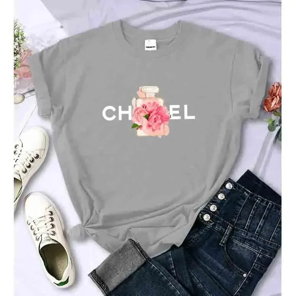 Women's Summer Cotton T-Shirt Alphabet Flower Perfume Shirt Fashion Printed Pattern T-Shirt Brand High Quality Short Sleeve Top