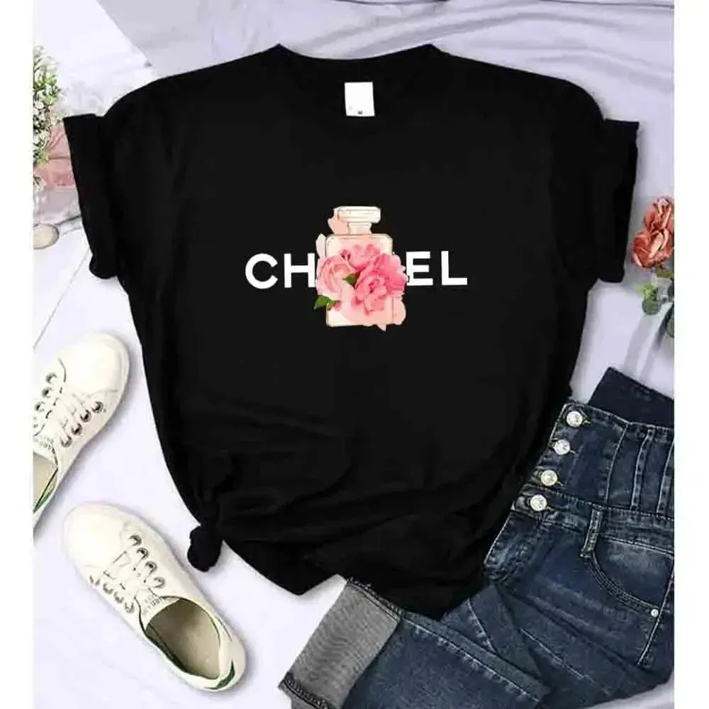 Women's Summer Cotton T-Shirt Alphabet Flower Perfume Shirt Fashion Printed Pattern T-Shirt Brand High Quality Short Sleeve Top