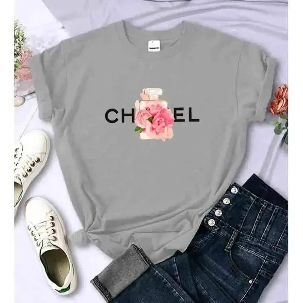 Women's Summer Cotton T-Shirt Alphabet Flower Perfume Shirt Fashion Printed Pattern T-Shirt Brand High Quality Short Sleeve Top