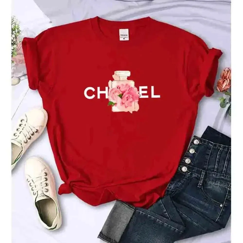 Women's Summer Cotton T-Shirt Alphabet Flower Perfume Shirt Fashion Printed Pattern T-Shirt Brand High Quality Short Sleeve Top