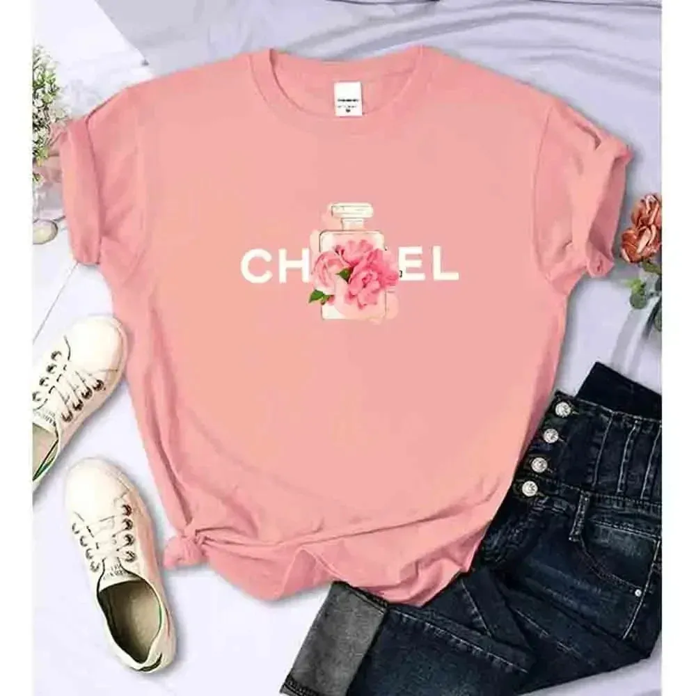 Women's Summer Cotton T-Shirt Alphabet Flower Perfume Shirt Fashion Printed Pattern T-Shirt Brand High Quality Short Sleeve Top