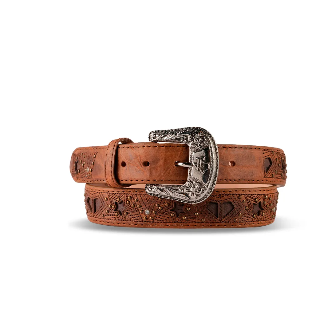 Womens Texas Country Western Leather Belt Cedro Camel Star Party