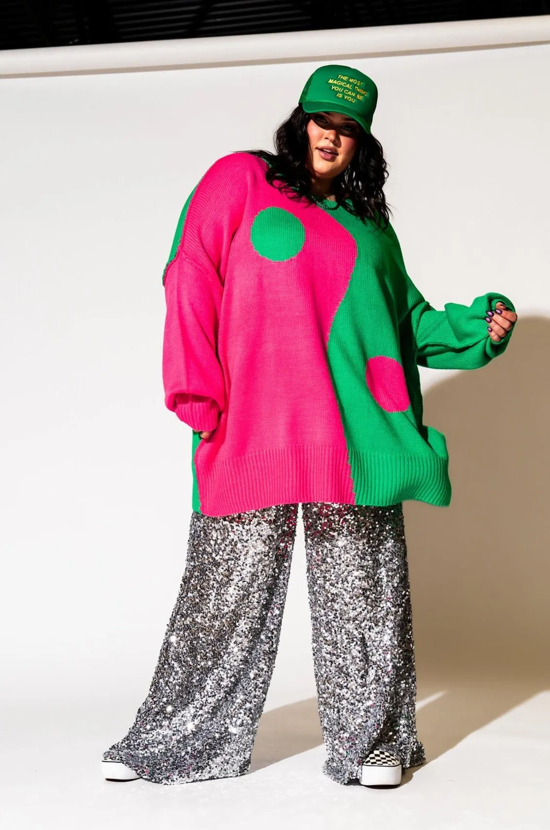 Yin Yang Gang Oversized Knit in Electric Watermelon